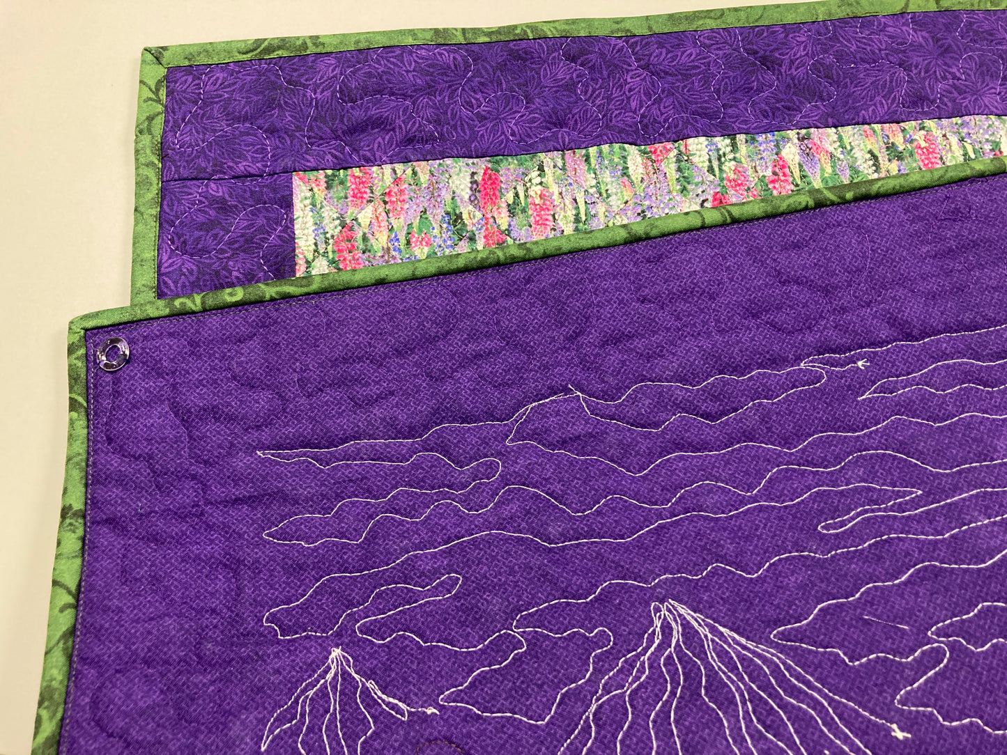 Tahoe Lupine Lilac Flowers Lake Mountain Art Quilt Fabric Wall Hanging, Quilted Landscape Tapestry Art 18x24" Tapestry, Handmade Original