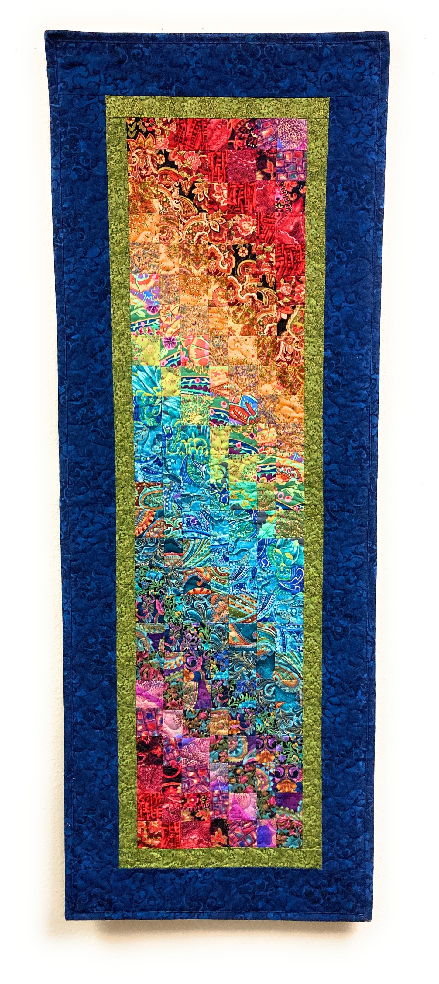 Paisley Passion Art Quilt, Abstract Bright Boho Fabric Wall Hanging Tapestry Textile, Watercolor, 17x45”Long Vertical Hippie Chic Runner