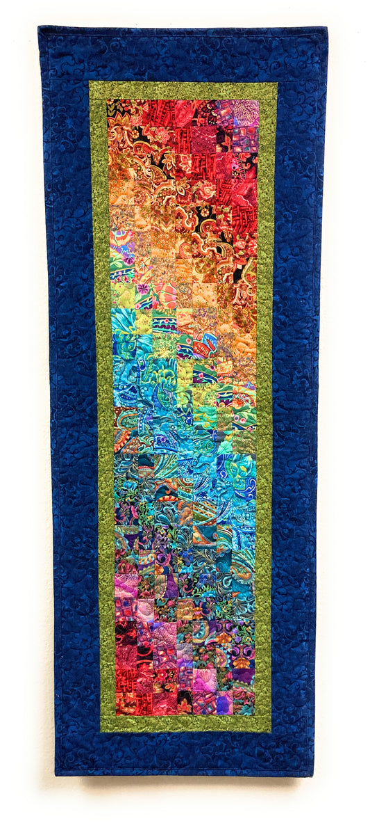 Paisley Passion Art Quilt, Abstract Bright Boho Fabric Wall Hanging Tapestry Textile, Watercolor, 17x45”Long Vertical Hippie Chic Runner