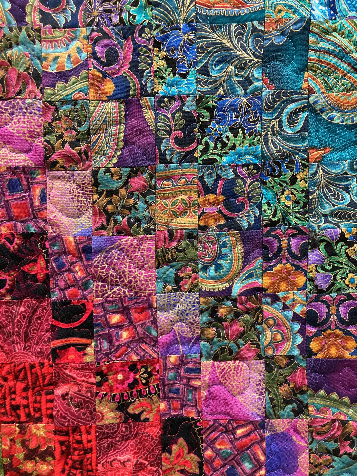 Paisley Passion Art Quilt, Abstract Bright Boho Fabric Wall Hanging Tapestry Textile, Watercolor, 17x45”Long Vertical Hippie Chic Runner