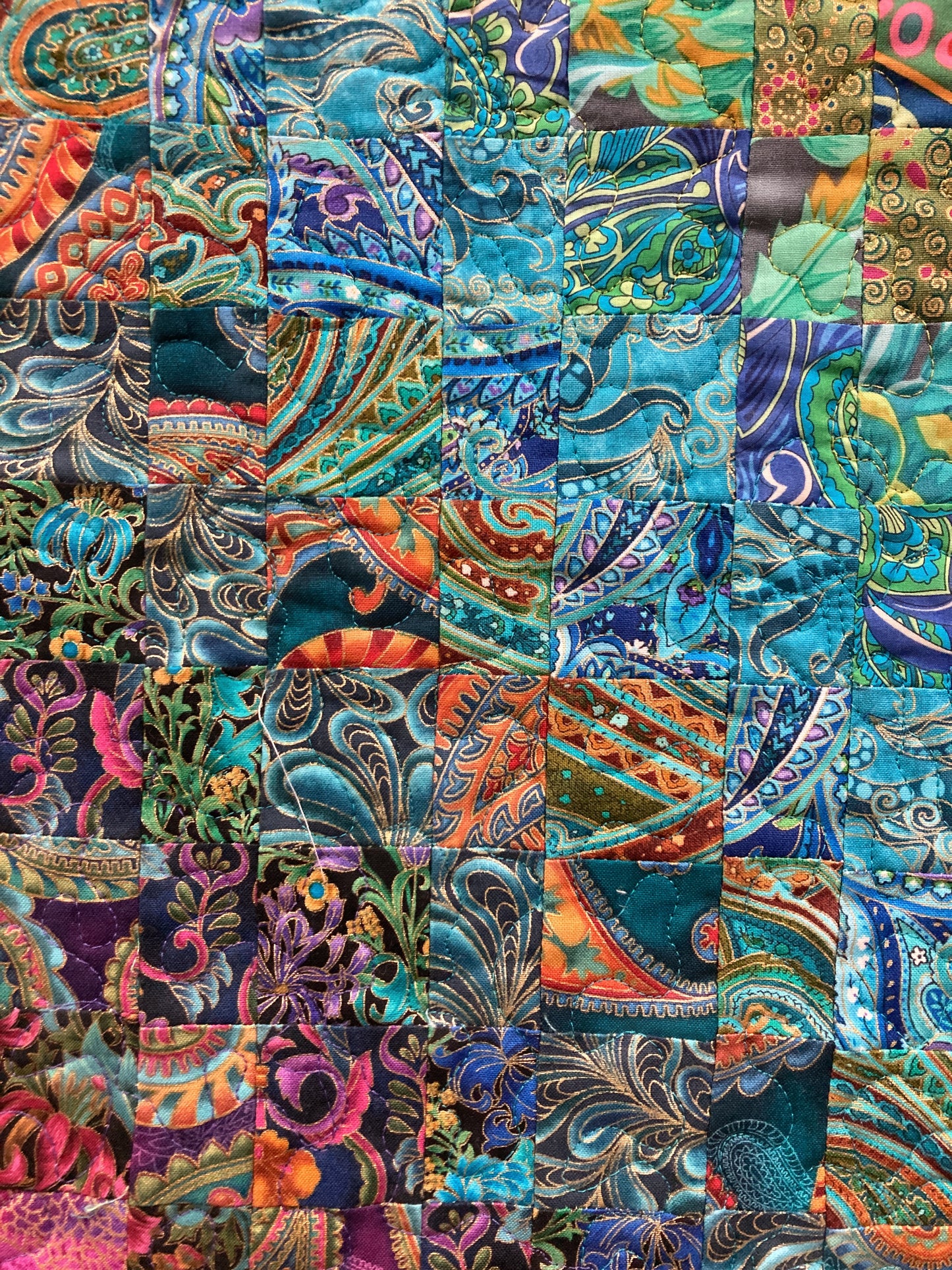 Paisley Passion Art Quilt, Abstract Bright Boho Fabric Wall Hanging Tapestry Textile, Watercolor, 17x45”Long Vertical Hippie Chic Runner