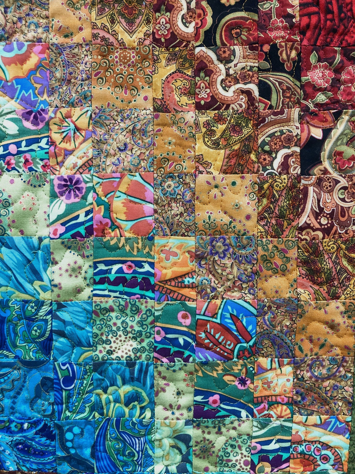 Paisley Passion Art Quilt, Abstract Bright Boho Fabric Wall Hanging Tapestry Textile, Watercolor, 17x45”Long Vertical Hippie Chic Runner