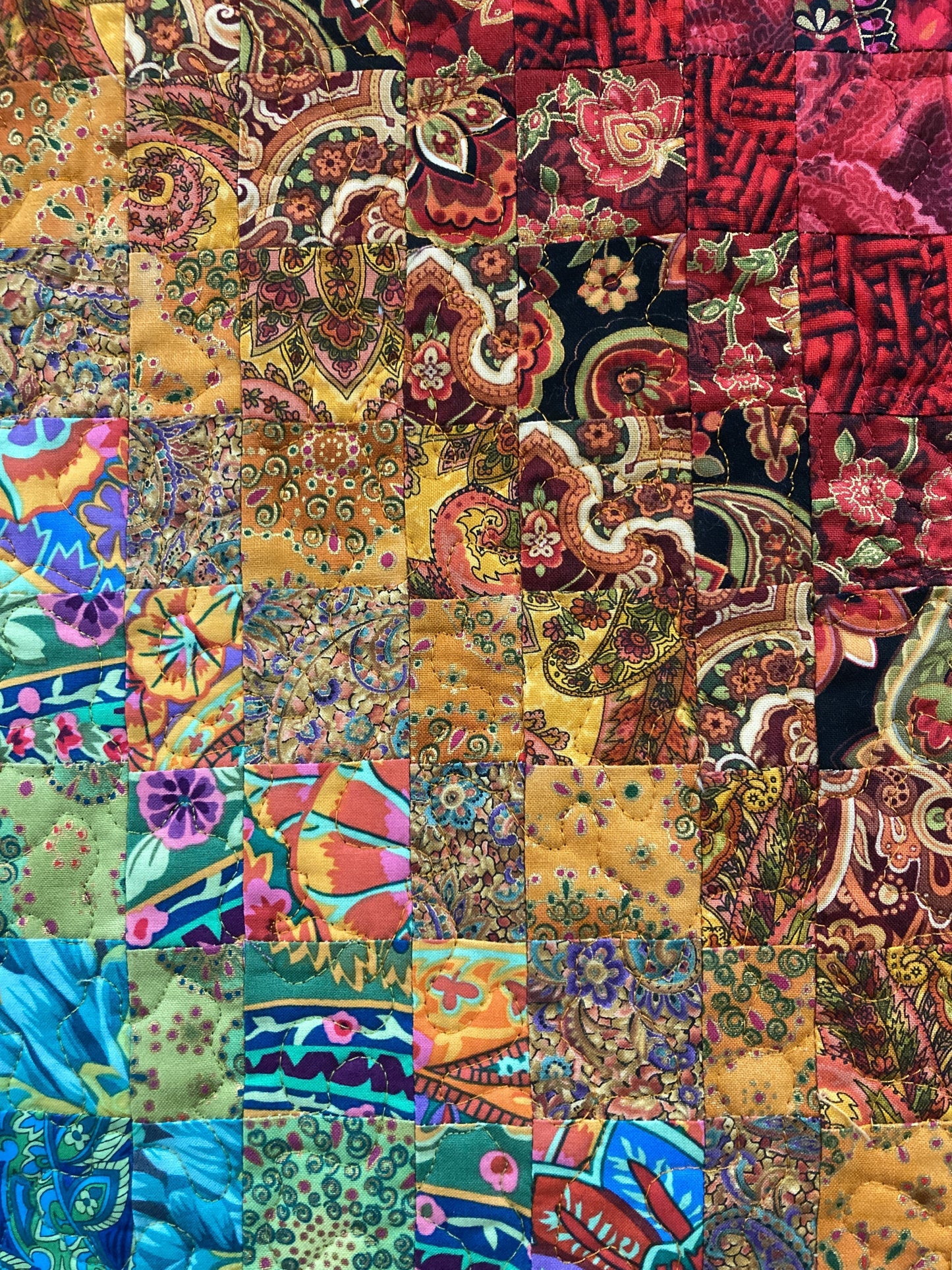 Paisley Passion Art Quilt, Abstract Bright Boho Fabric Wall Hanging Tapestry Textile, Watercolor, 17x45”Long Vertical Hippie Chic Runner