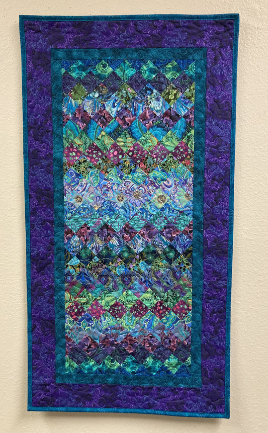 Purple Green Blue Boho Fabric Wall Art Hanging, Quilted Tapestry 19x38" Table Runner, Vertical Long Artwork Colorful Original Decor Handmade
