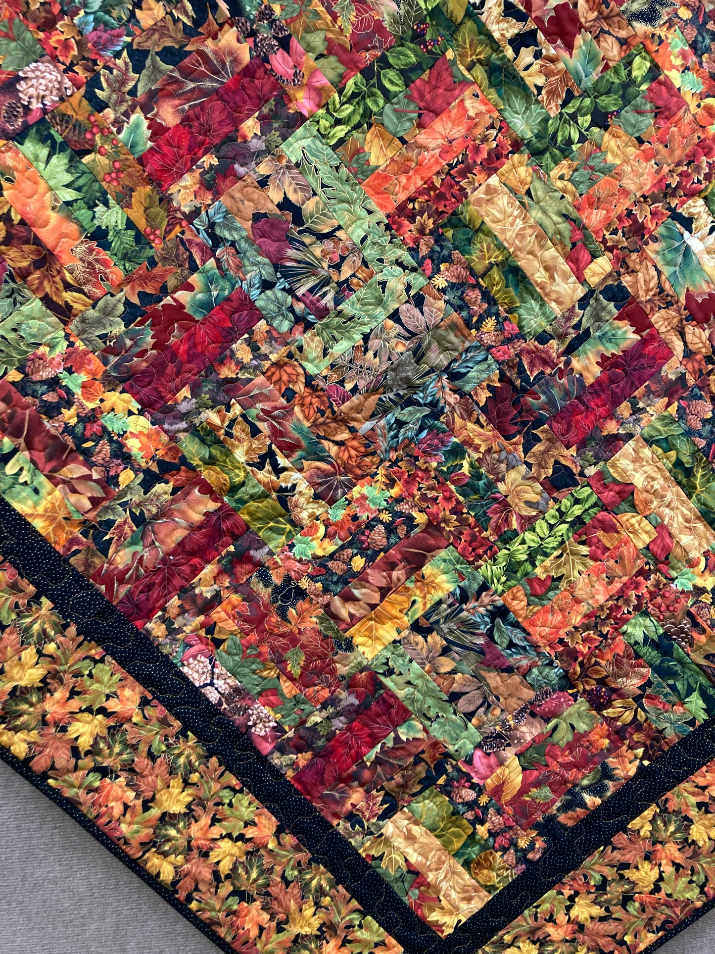 Fall Autumn Leaves Lap Quilt Sofa Throw, Vibrant Gold, Red, Green Leaves, 56x56", Couch Bed, Warm Cotton, Earth Tones Mountain Cabin Lodge
