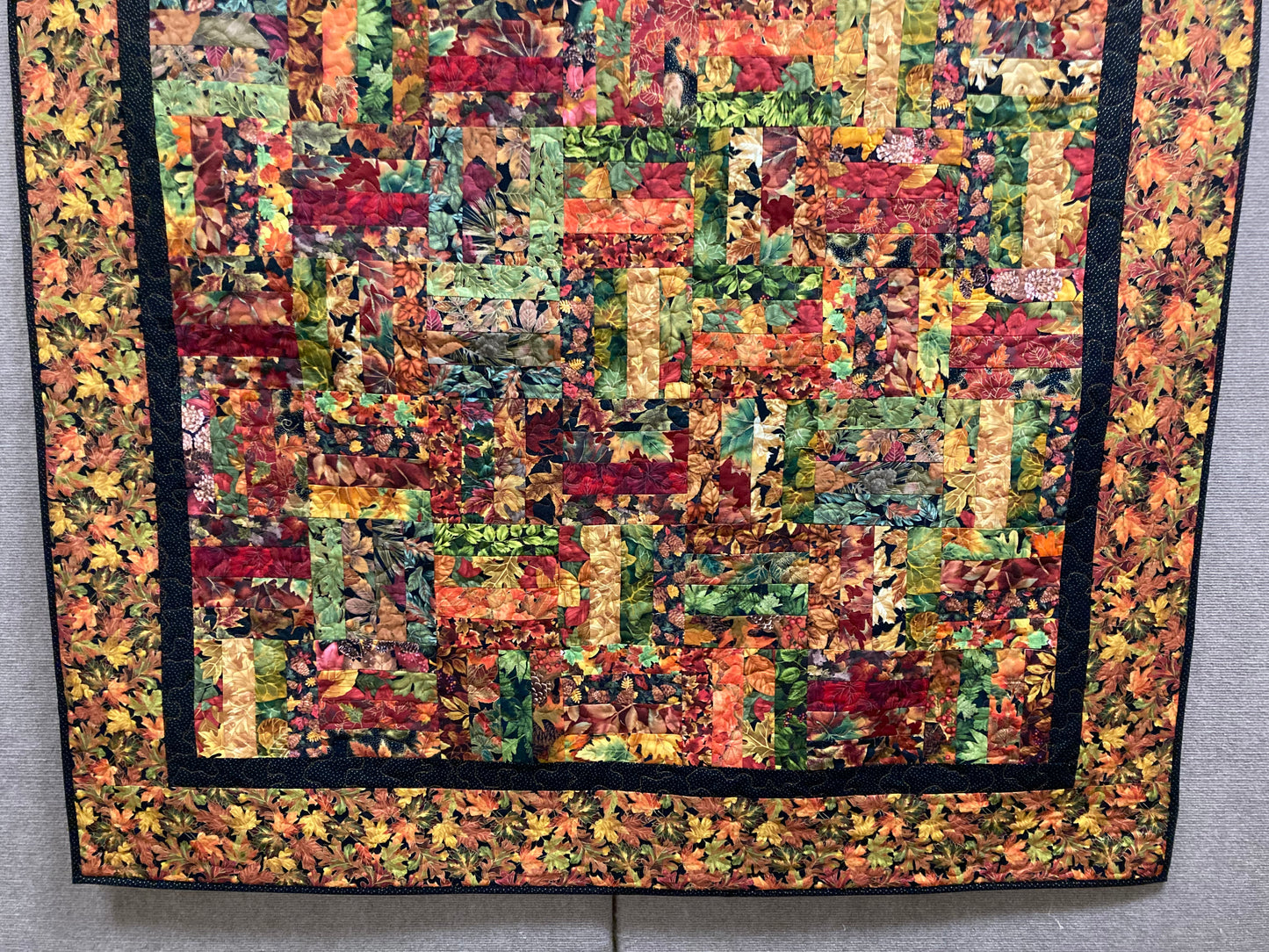 Fall Autumn Leaves Lap Quilt Sofa Throw, Vibrant Gold, Red, Green Leaves, 56x56", Couch Bed, Warm Cotton, Earth Tones Mountain Cabin Lodge