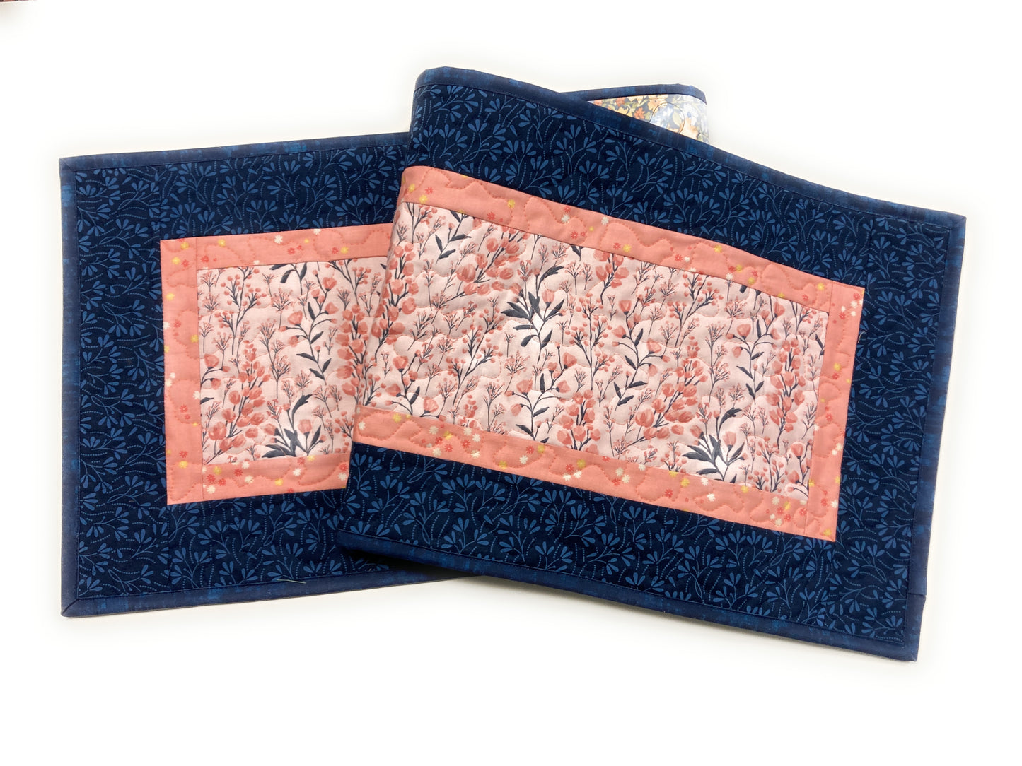 Spring Flowers Easter Peach Blue Modern Quilted Dining or Coffee Table Runner, Reversible 13x48" Garden Floral Nature Pastel Summer Handmade