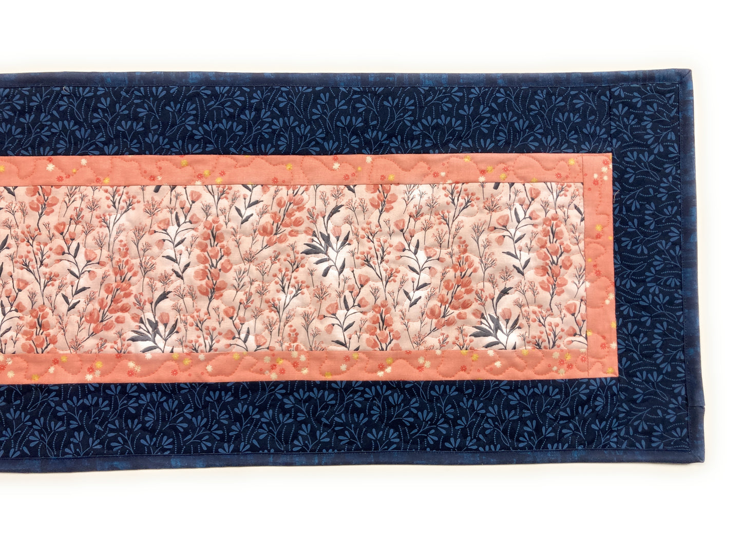 Spring Flowers Easter Peach Blue Modern Quilted Dining or Coffee Table Runner, Reversible 13x48" Garden Floral Nature Pastel Summer Handmade
