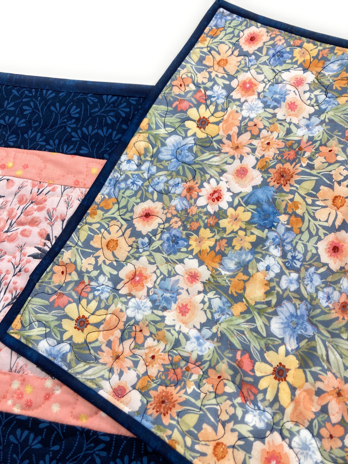Spring Flowers Easter Peach Blue Modern Quilted Dining or Coffee Table Runner, Reversible 13x48" Garden Floral Nature Pastel Summer Handmade