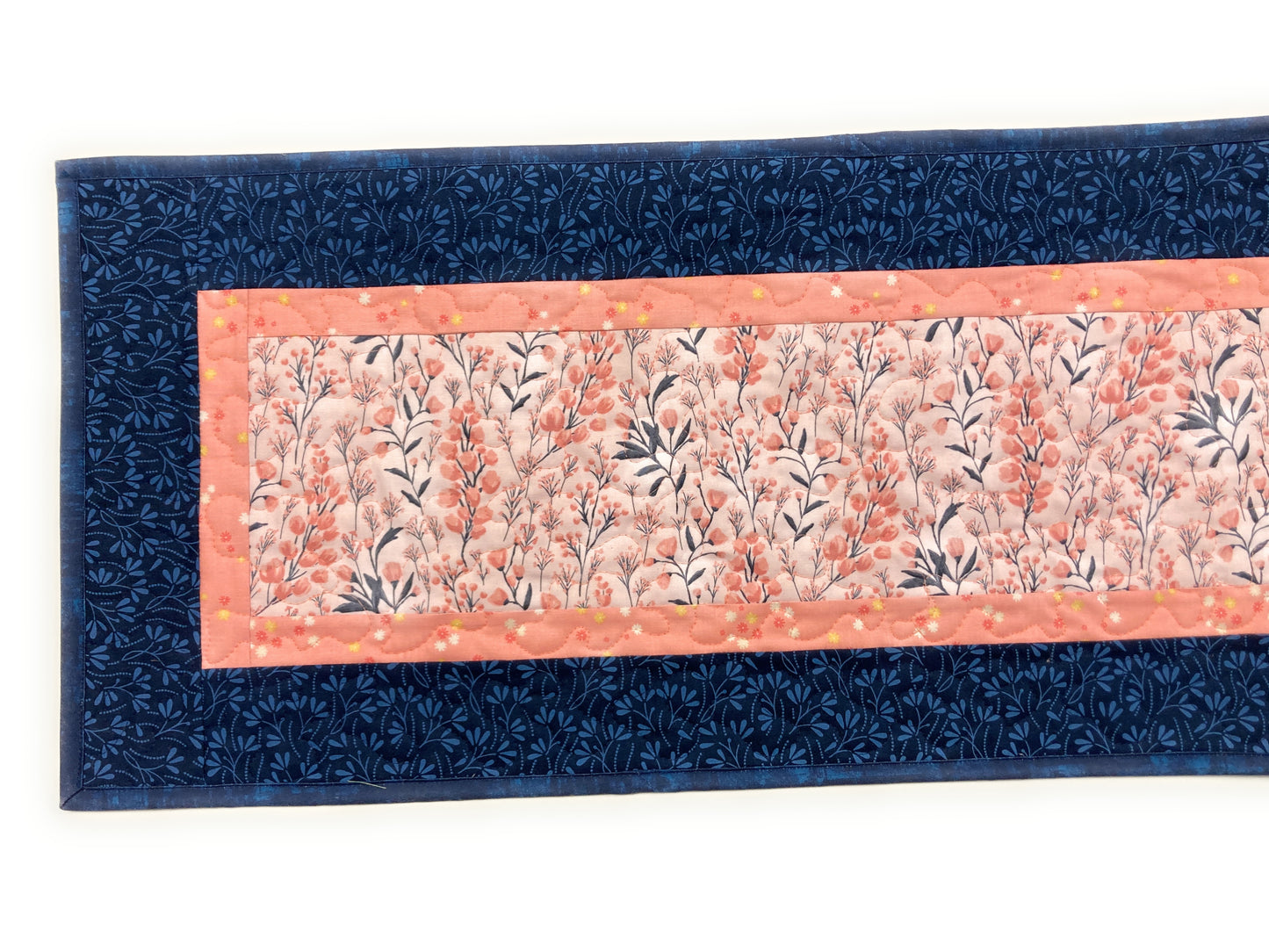 Spring Flowers Easter Peach Blue Modern Quilted Dining or Coffee Table Runner, Reversible 13x48" Garden Floral Nature Pastel Summer Handmade