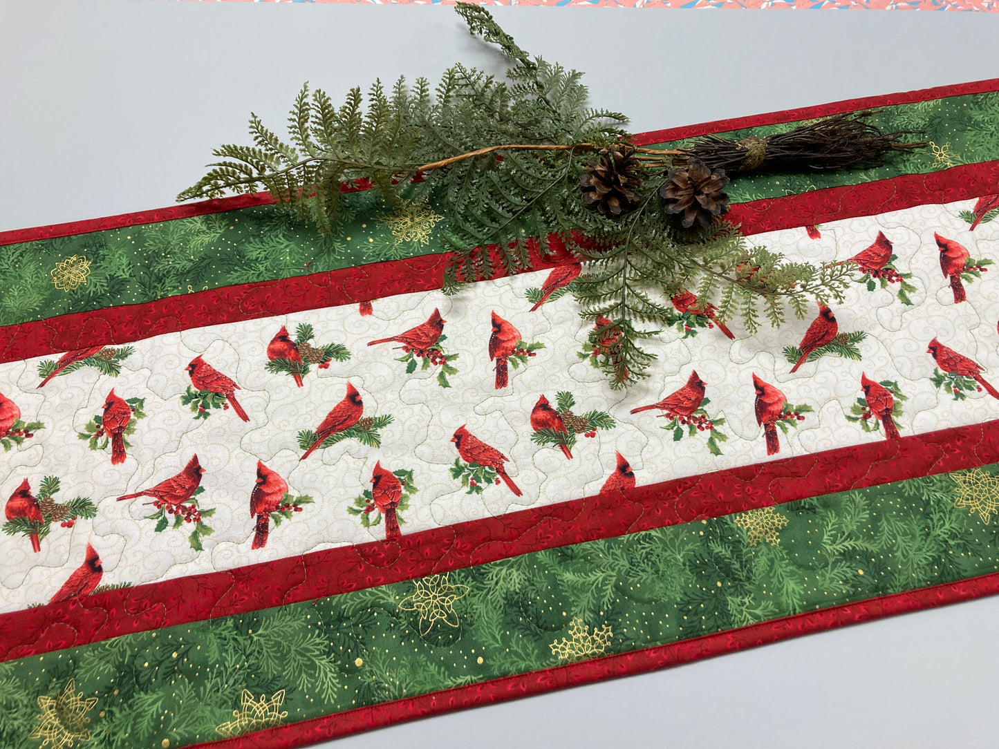 Christmas Red Cardinals and Green Snowflakes 13x48" Quilted Dining Table Runner, Reversible Fall, Winter Holiday Coffee Table, Bird Handmade