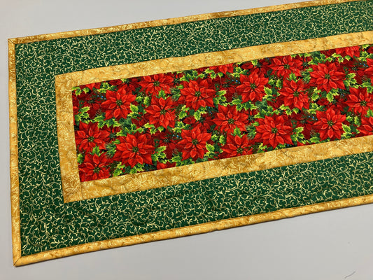 Christmas Holly Red Poinsettia Quilted Table Runner, Green Gold Berries, Winter Holiday Dining Coffee Table 13x48" Reversible Fall Leaves