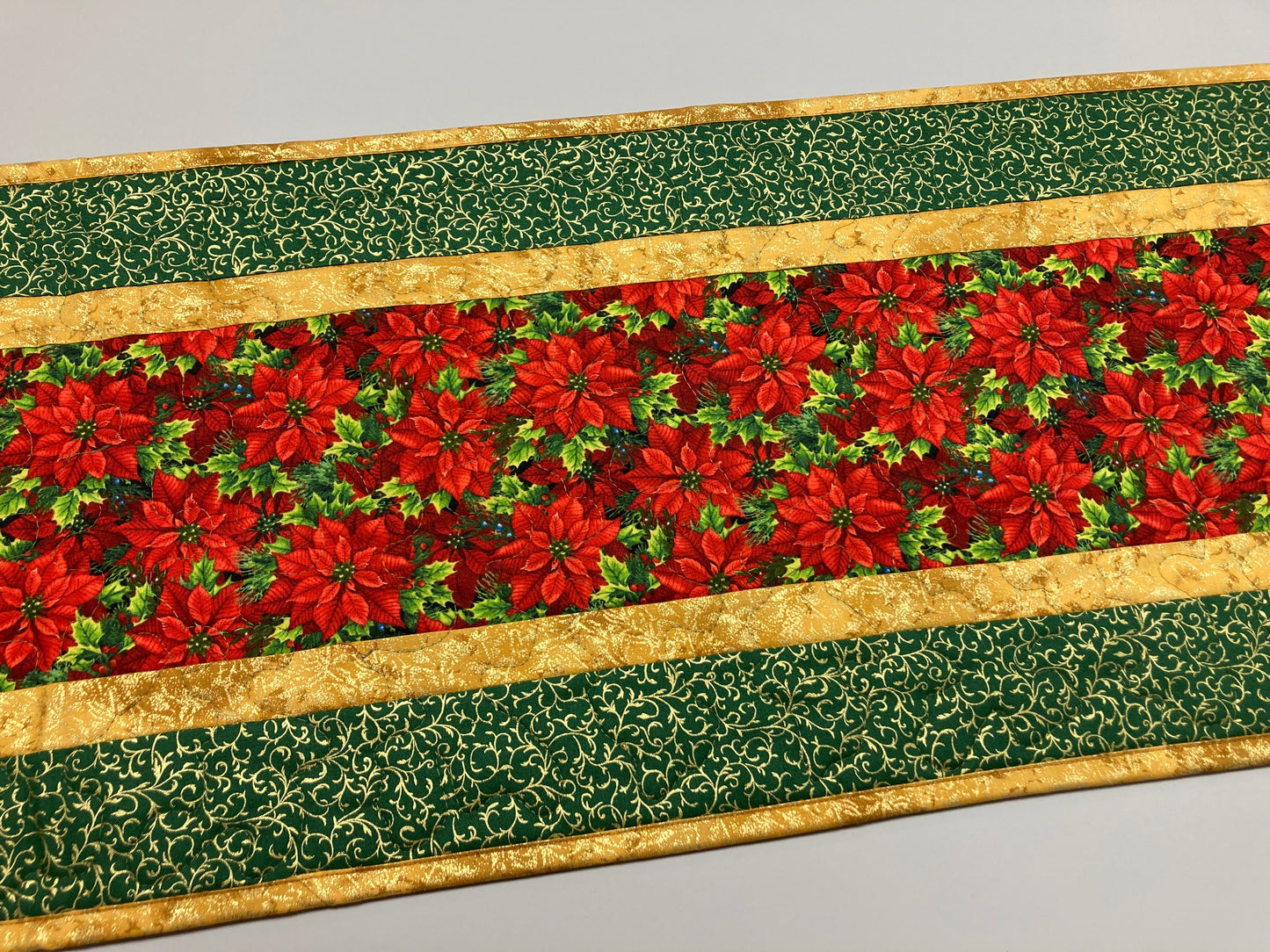 Christmas Holly Red Poinsettia Quilted Table Runner, Green Gold Berries, Winter Holiday Dining Coffee Table 13x48" Reversible Fall Leaves