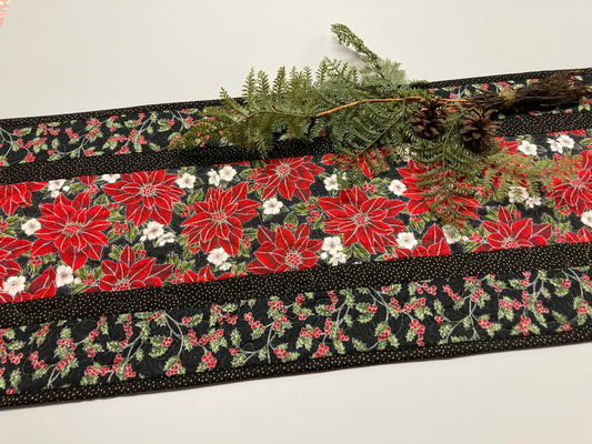 Christmas Dining Table Runner, Red Poinsettias White Flowers, 13x48" Quilted Reversible Fall, Winter Holiday Coffee Table Dresser Scarf