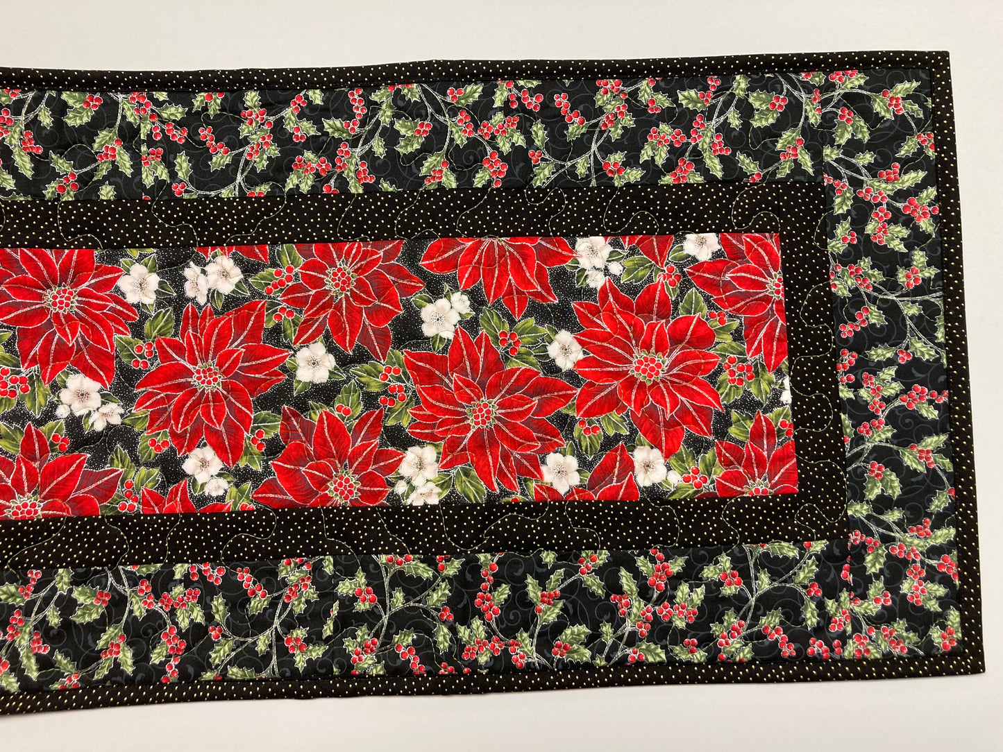 Christmas Dining Table Runner, Red Poinsettias White Flowers, 13x48" Quilted Reversible Fall, Winter Holiday Coffee Table Dresser Scarf