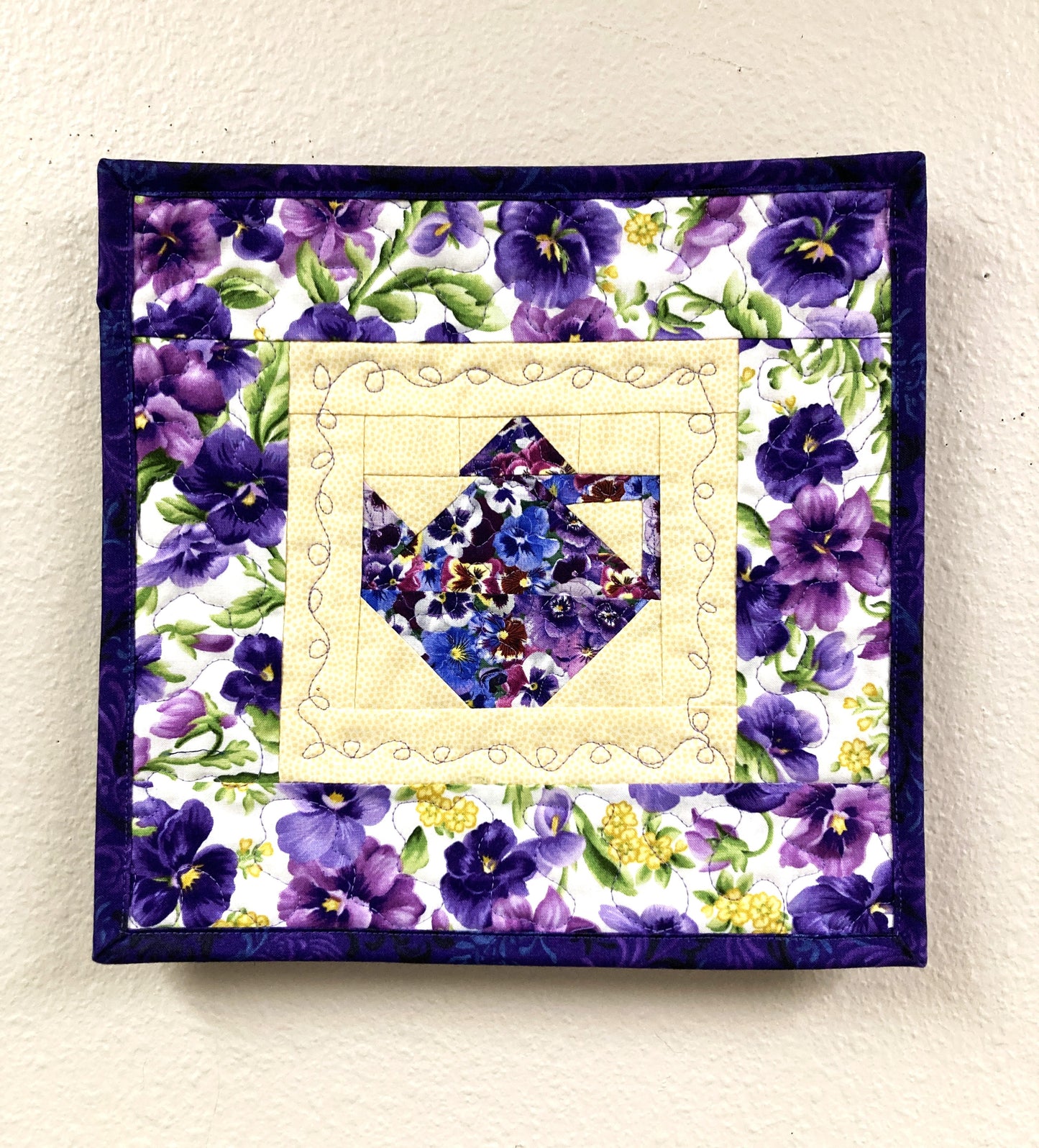 Purple Pansy Teapot Fabric Wall Hanging, 11x11" Tapestry, Kitchen Wall Decor, Flower Teapot Art Handmade Spring Summer Floral Garden