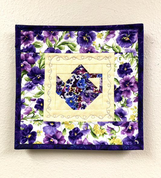 Purple Pansy Teapot Fabric Wall Hanging, 11x11" Tapestry, Kitchen Wall Decor, Flower Teapot Art Handmade Spring Summer Floral Garden