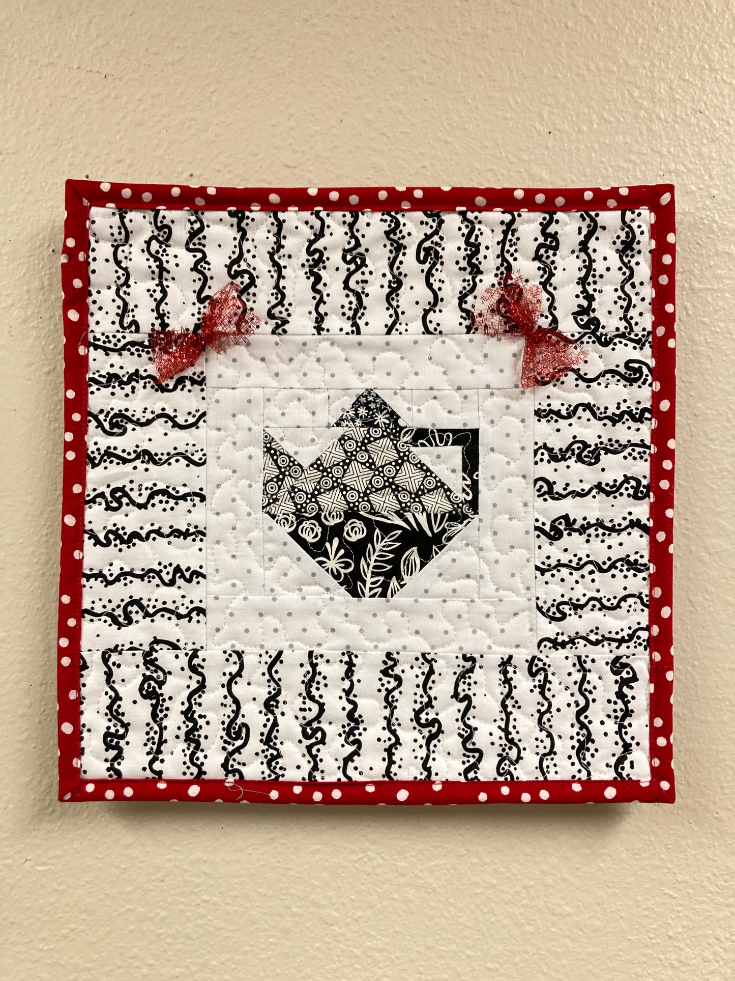 Teapot Lover Art Quilt, Black Red and White Fabric Wall Hanging, 11x11" Tapestry, Kitchen Decor, Modern Tea Coffee English Handmade