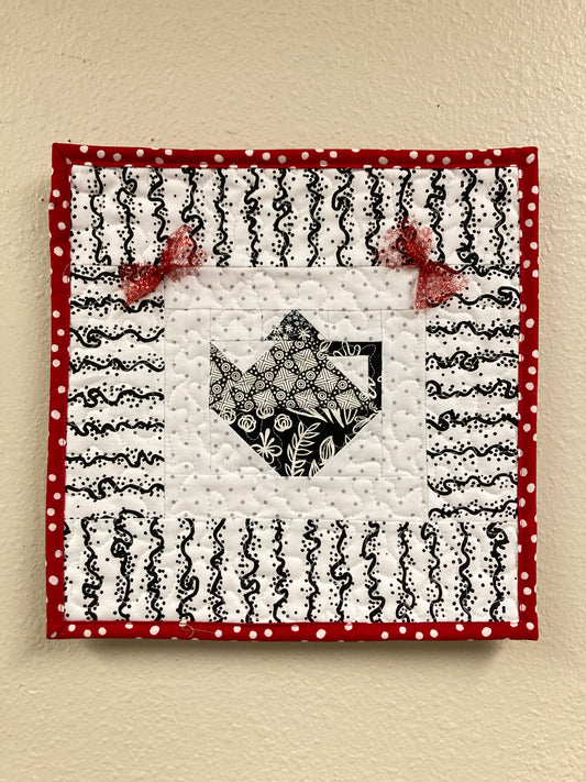 Teapot Lover Art Quilt, Black Red and White Fabric Wall Hanging, 11x11" Tapestry, Kitchen Decor, Modern Tea Coffee English Handmade
