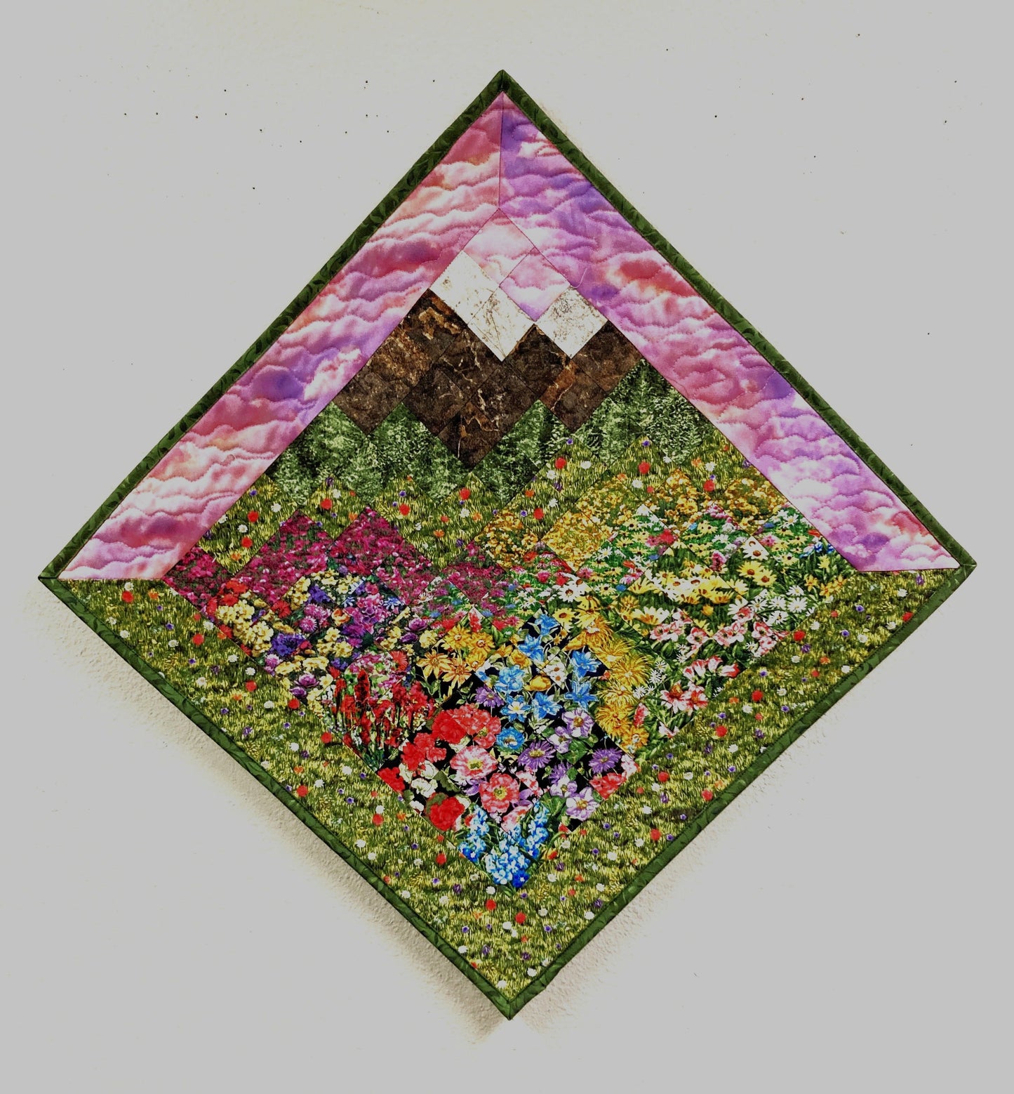 Art Quilt, Sunset Mountain Wildflower Meadow Fabric Wall Hanging, Landscape Tapestry Wall Art, Bedroom Living Room 29x29" Original Artwork