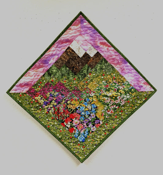 Art Quilt, Sunset Mountain Wildflower Meadow Fabric Wall Hanging, Landscape Tapestry Wall Art, Bedroom Living Room 29x29" Original Artwork