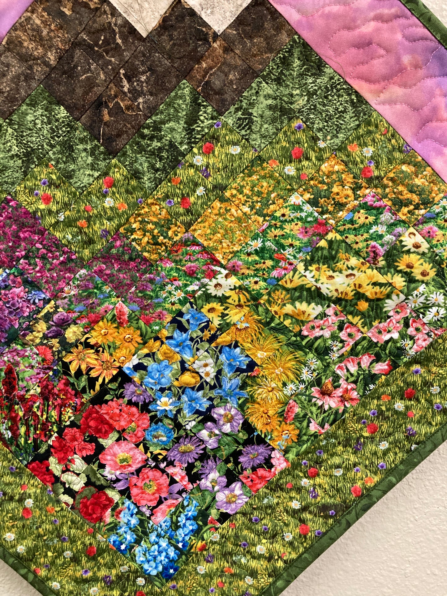 Art Quilt, Sunset Mountain Wildflower Meadow Fabric Wall Hanging, Landscape Tapestry Wall Art, Bedroom Living Room 29x29" Original Artwork