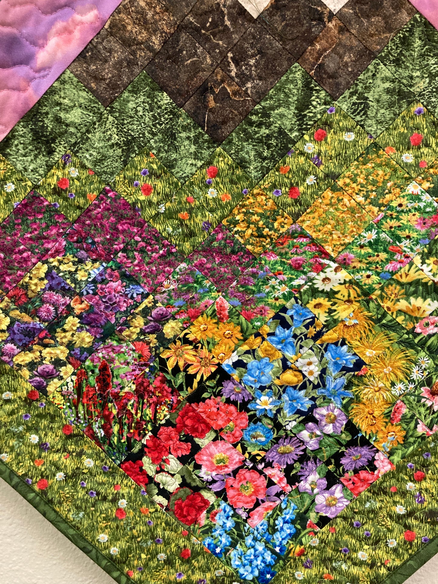 Art Quilt, Sunset Mountain Wildflower Meadow Fabric Wall Hanging, Landscape Tapestry Wall Art, Bedroom Living Room 29x29" Original Artwork