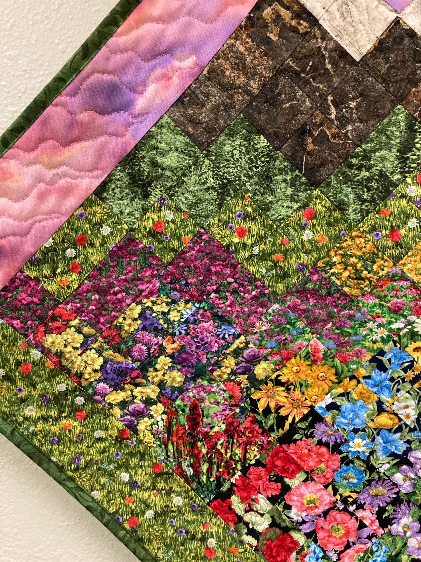Art Quilt, Sunset Mountain Wildflower Meadow Fabric Wall Hanging, Landscape Tapestry Wall Art, Bedroom Living Room 29x29" Original Artwork