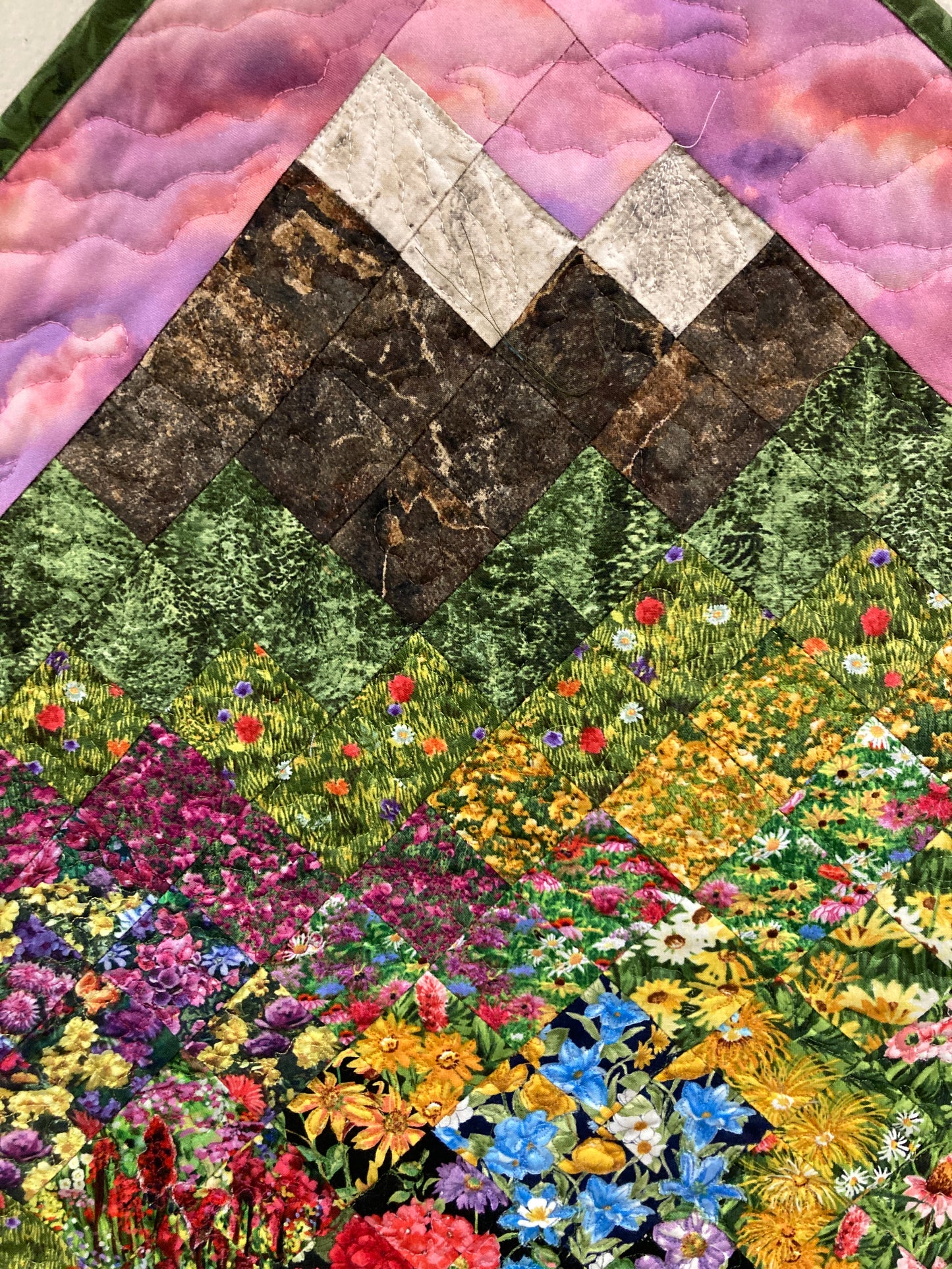 Art Quilt, Sunset Mountain Wildflower Meadow Fabric Wall Hanging, Landscape Tapestry Wall Art, Bedroom Living Room 29x29" Original Artwork