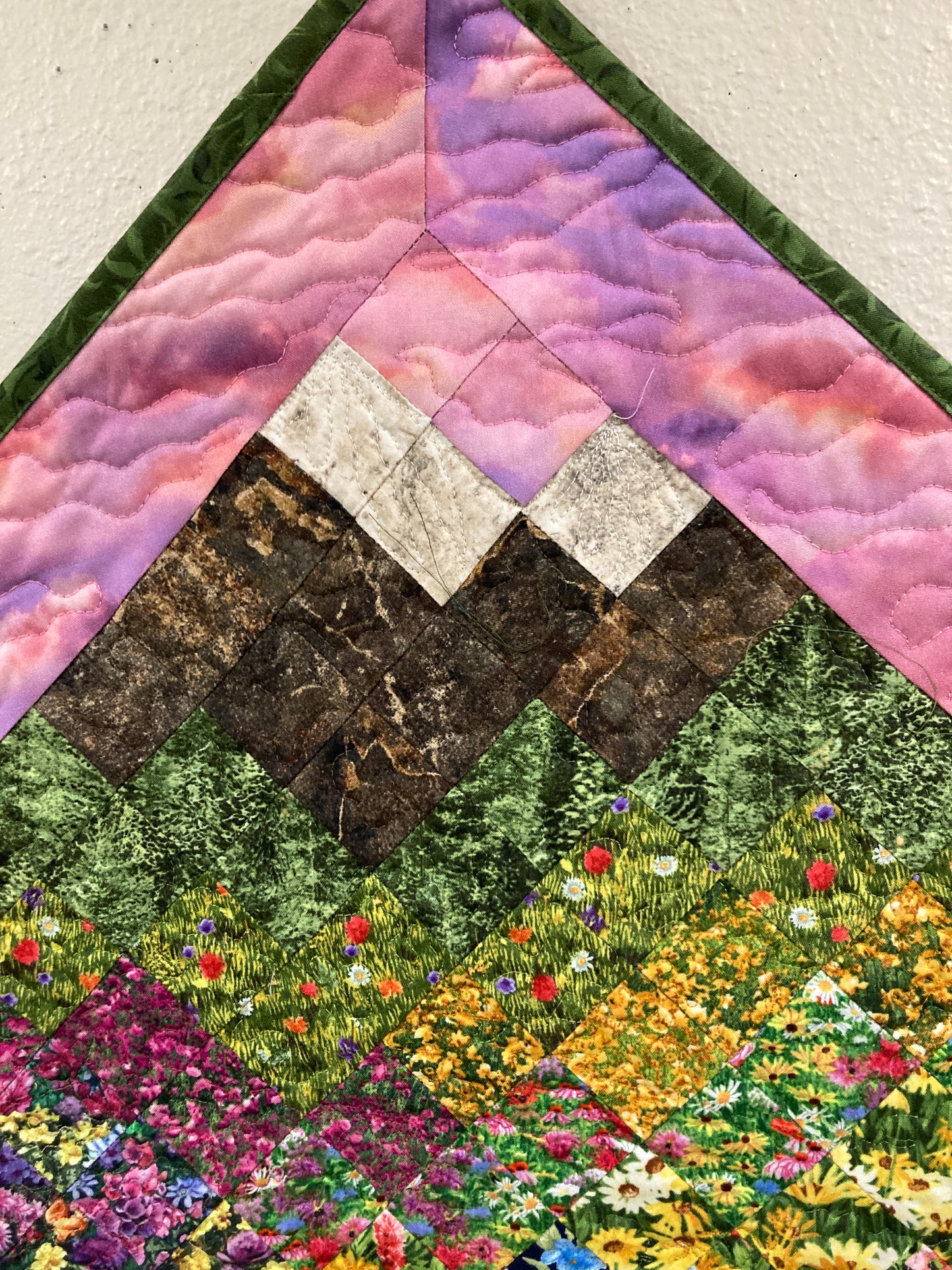 Art Quilt, Sunset Mountain Wildflower Meadow Fabric Wall Hanging, Landscape Tapestry Wall Art, Bedroom Living Room 29x29" Original Artwork