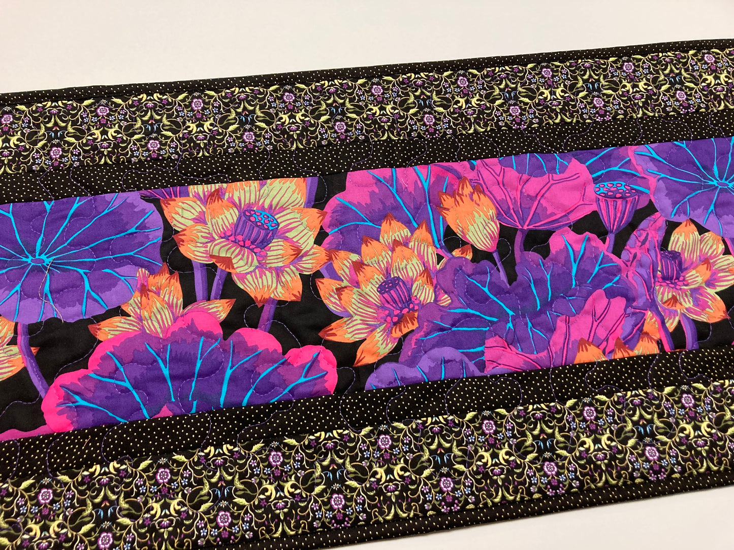 Quilted Table Runner Kaffe Fassett Purple Pink and Black Flowers Summer Decor, Reversible, 14x48" Dining Coffee Table Runner, Bright Bold