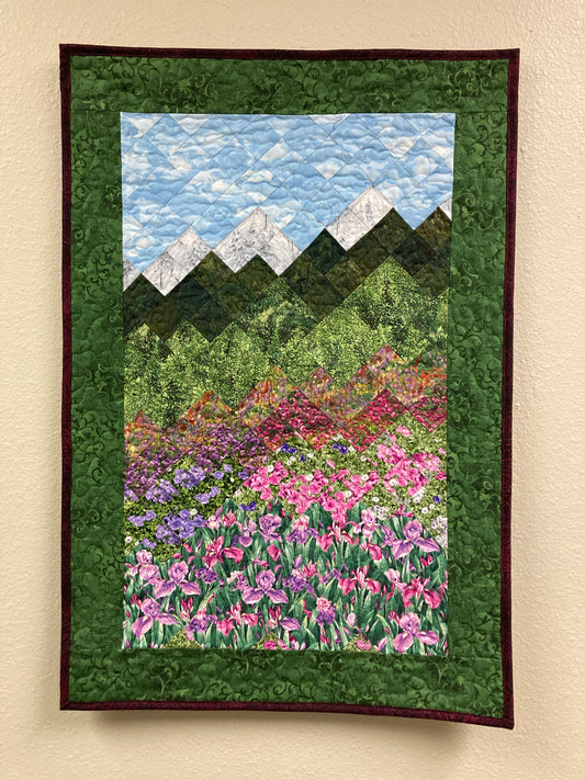 Art Quilt, Purple Pink Irises Mountain Fabric Wall Hanging, 21x31" Quilted Landscape Tapestry, Original Design Handmade Artwork