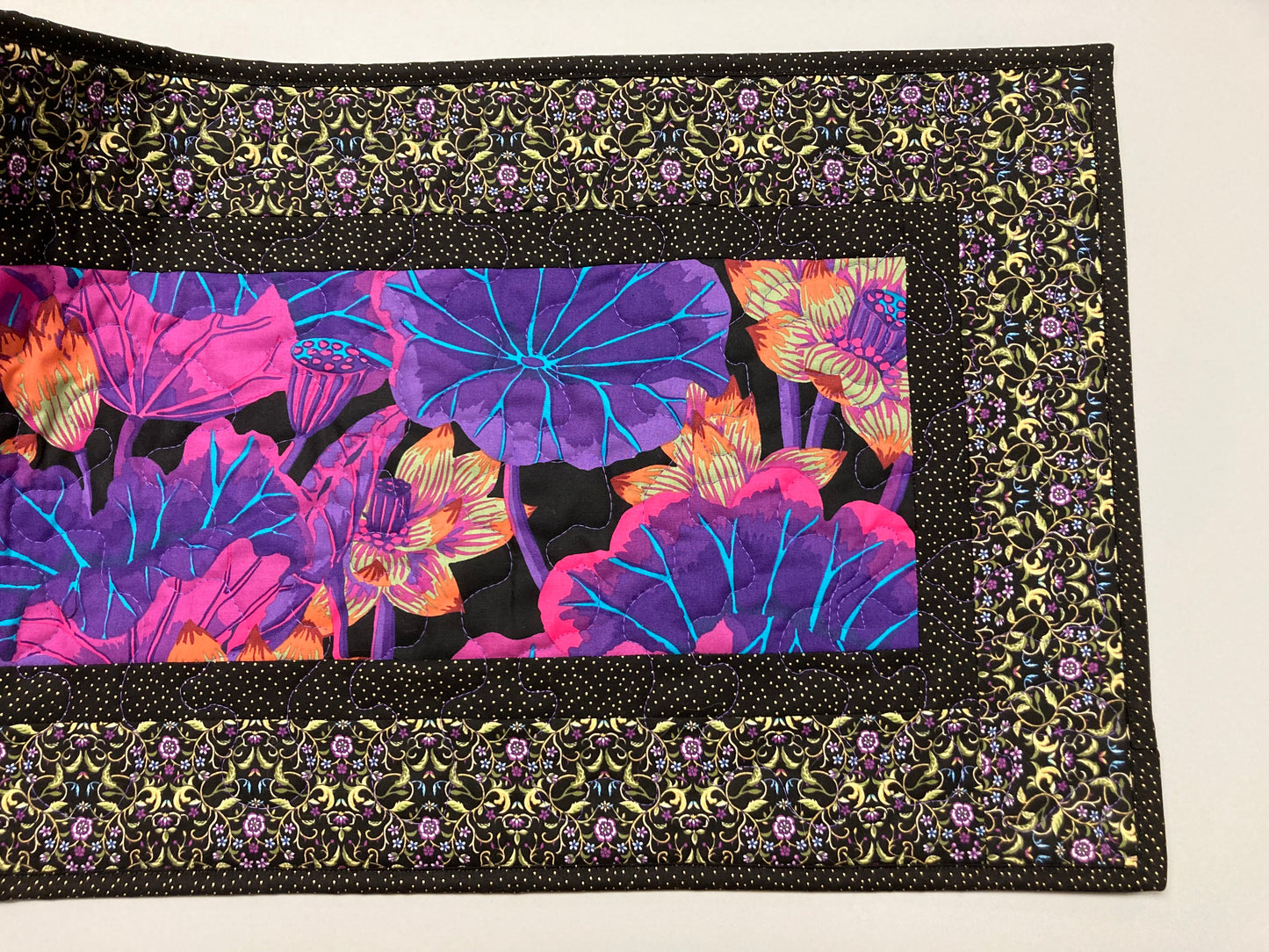 Quilted Table Runner Kaffe Fassett Purple Pink and Black Flowers Summer Decor, Reversible, 14x48" Dining Coffee Table Runner, Bright Bold