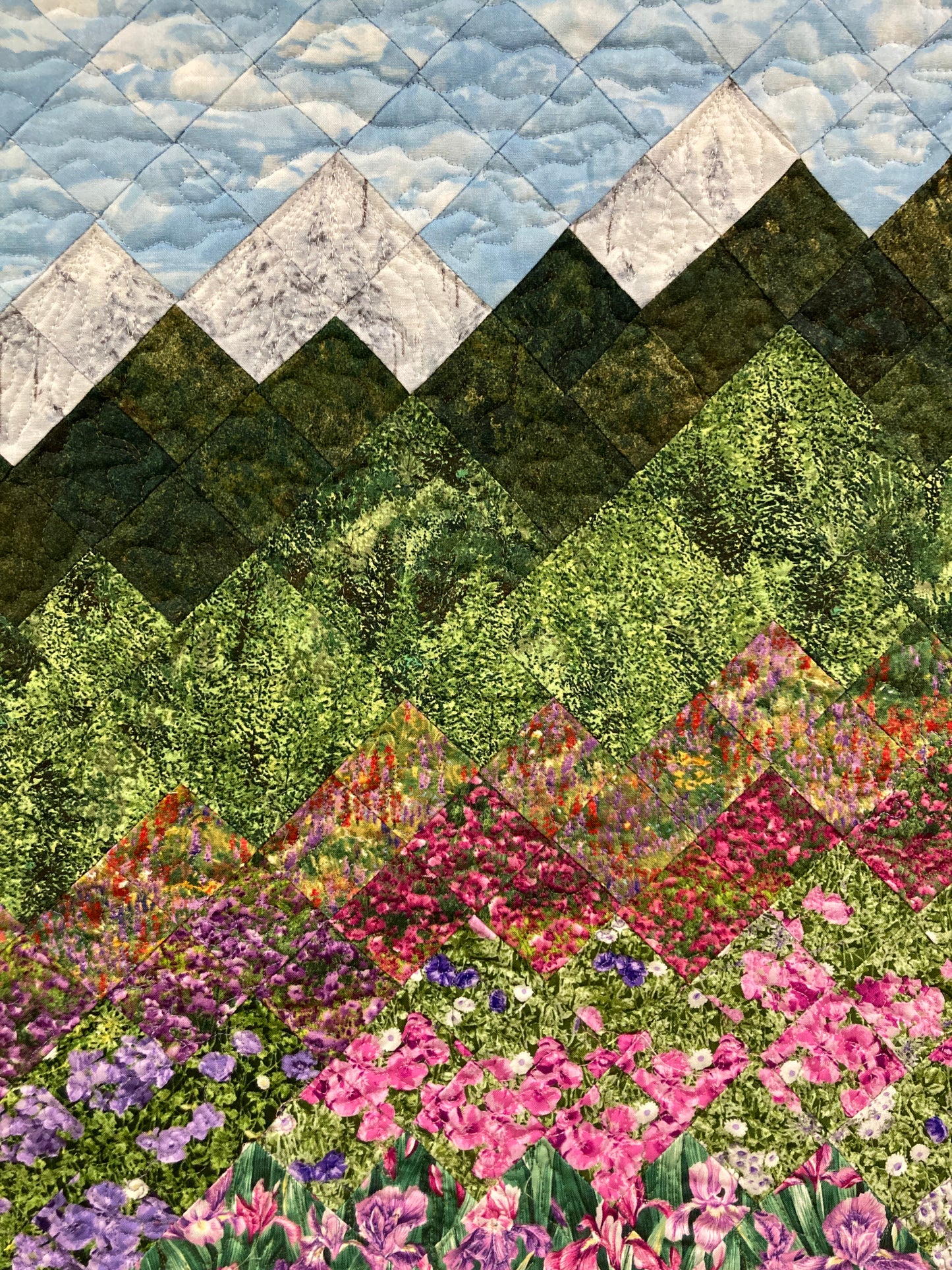 Art Quilt, Purple Pink Irises Mountain Fabric Wall Hanging, 21x31" Quilted Landscape Tapestry, Original Design Handmade Artwork