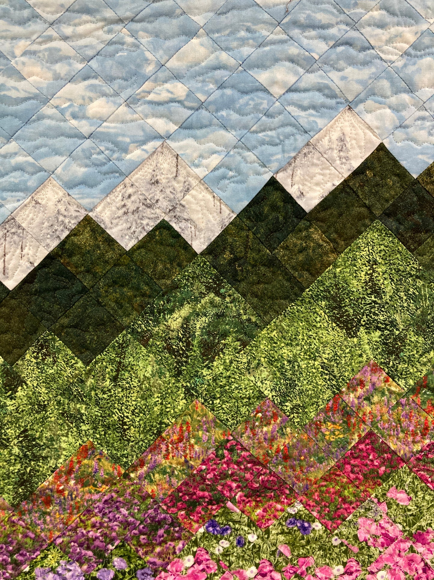 Art Quilt, Purple Pink Irises Mountain Fabric Wall Hanging, 21x31" Quilted Landscape Tapestry, Original Design Handmade Artwork