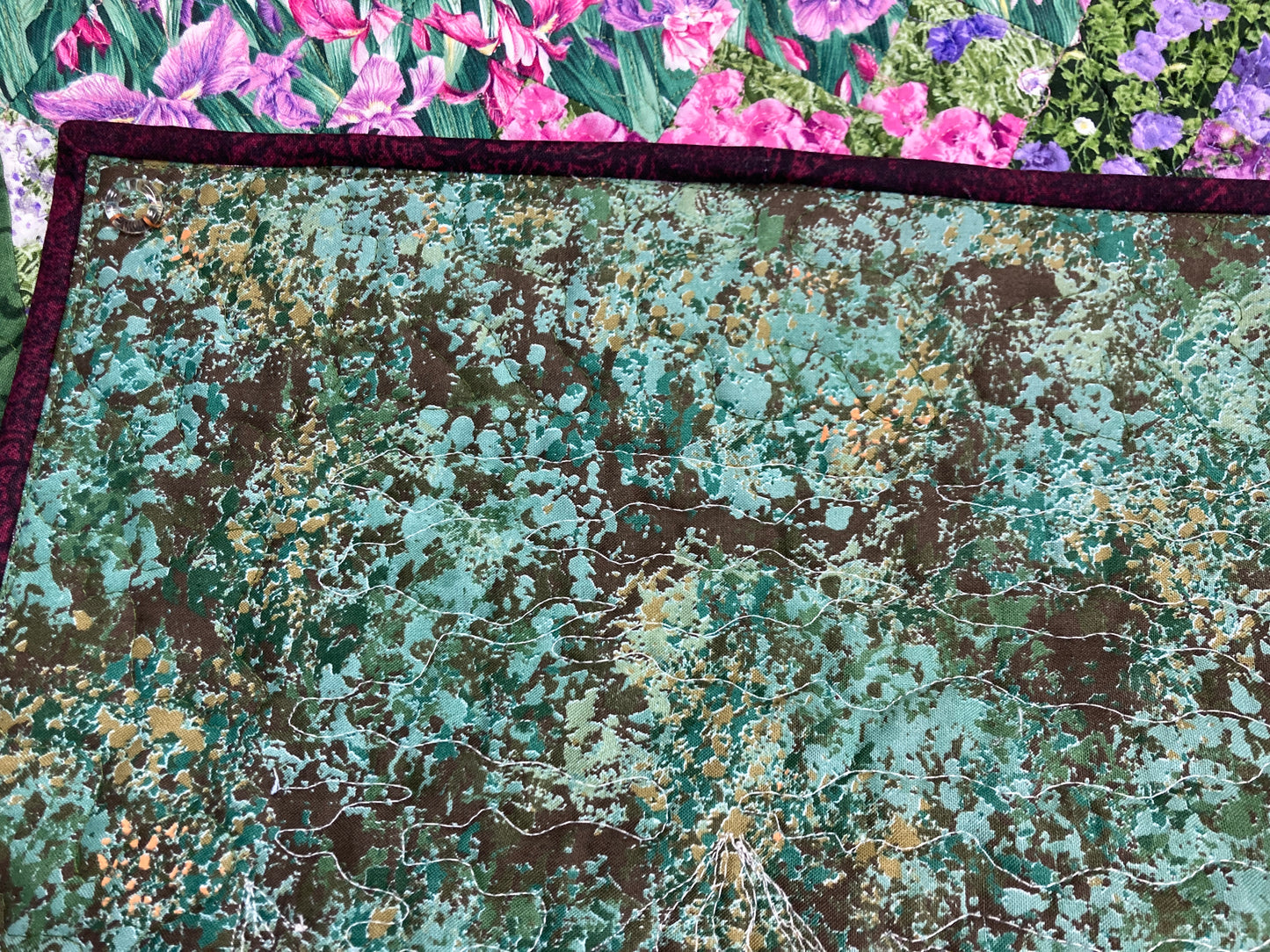 Art Quilt, Purple Pink Irises Mountain Fabric Wall Hanging, 21x31" Quilted Landscape Tapestry, Original Design Handmade Artwork