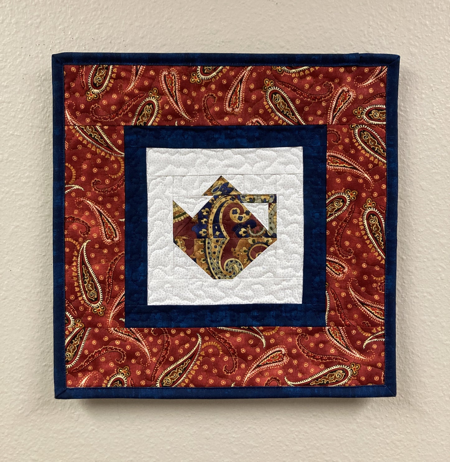 Paisley Blue Rust Teapot Fabric Wall Hanging, 13x13" Tapestry Kitchen Wall Decor, Original Design Handmade Art Quilt