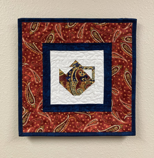 Paisley Blue Rust Teapot Fabric Wall Hanging, 13x13" Tapestry Kitchen Wall Decor, Original Design Handmade Art Quilt
