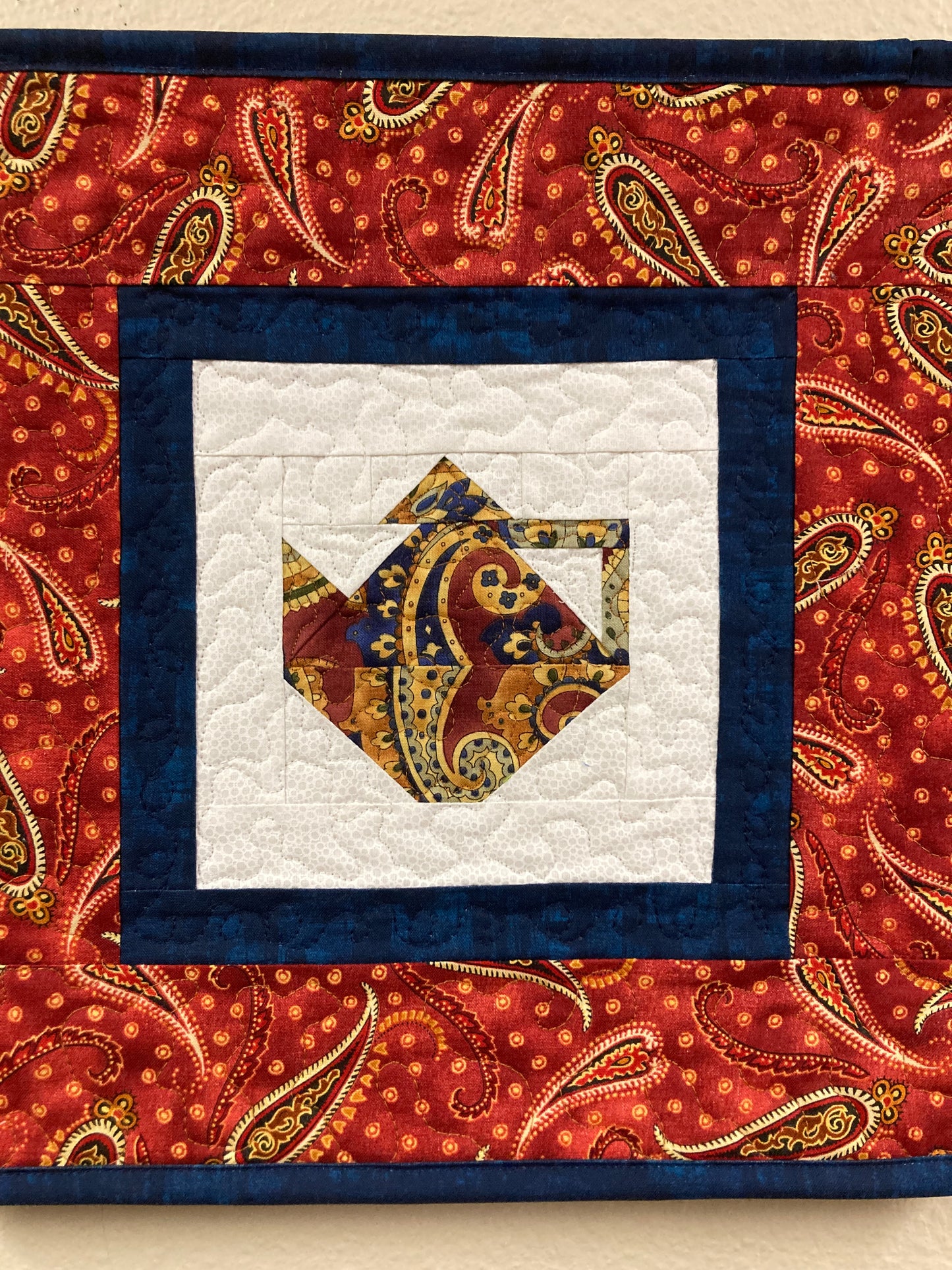 Paisley Blue Rust Teapot Fabric Wall Hanging, 13x13" Tapestry Kitchen Wall Decor, Original Design Handmade Art Quilt