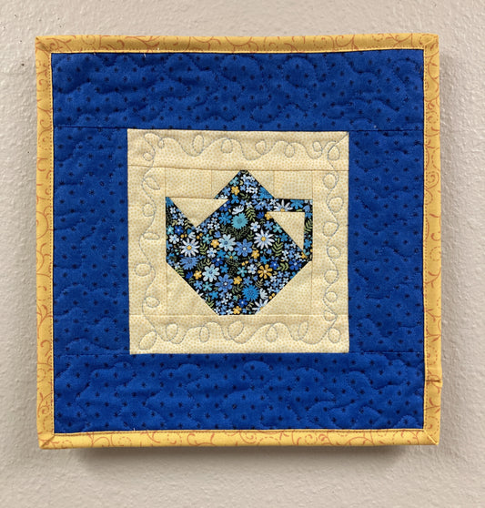 Blue Yellow Flowers Teapot Fabric Wall Hanging 11x11", Kitchen Tapestry Wall Decor, English Garden Floral Handmade Original Artwork