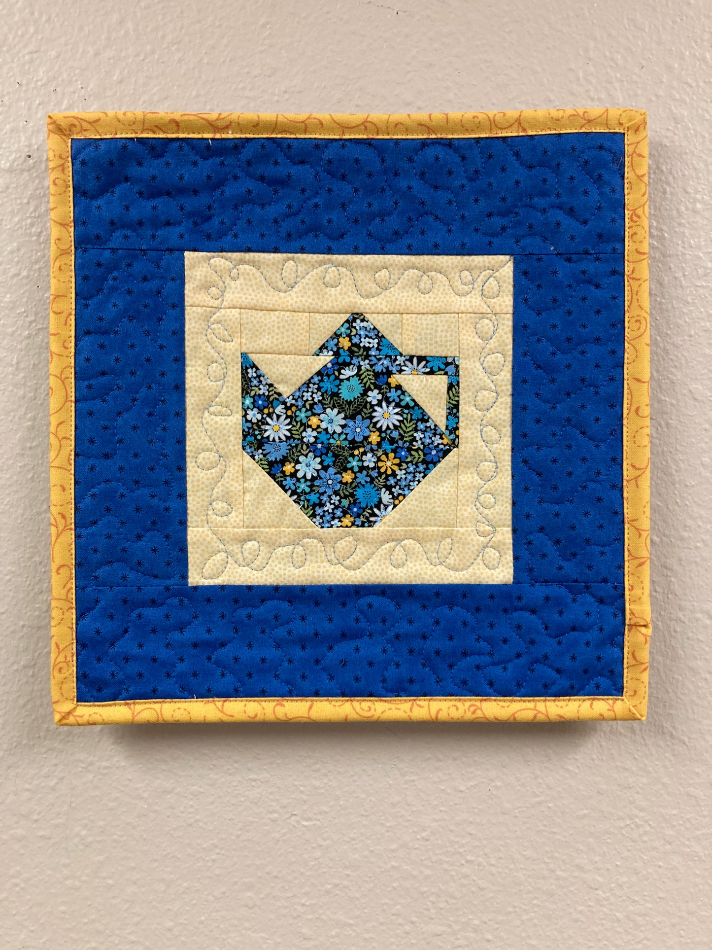 Blue Yellow Flowers Teapot Fabric Wall Hanging 11x11", Kitchen Tapestry Wall Decor, English Garden Floral Handmade Original Artwork
