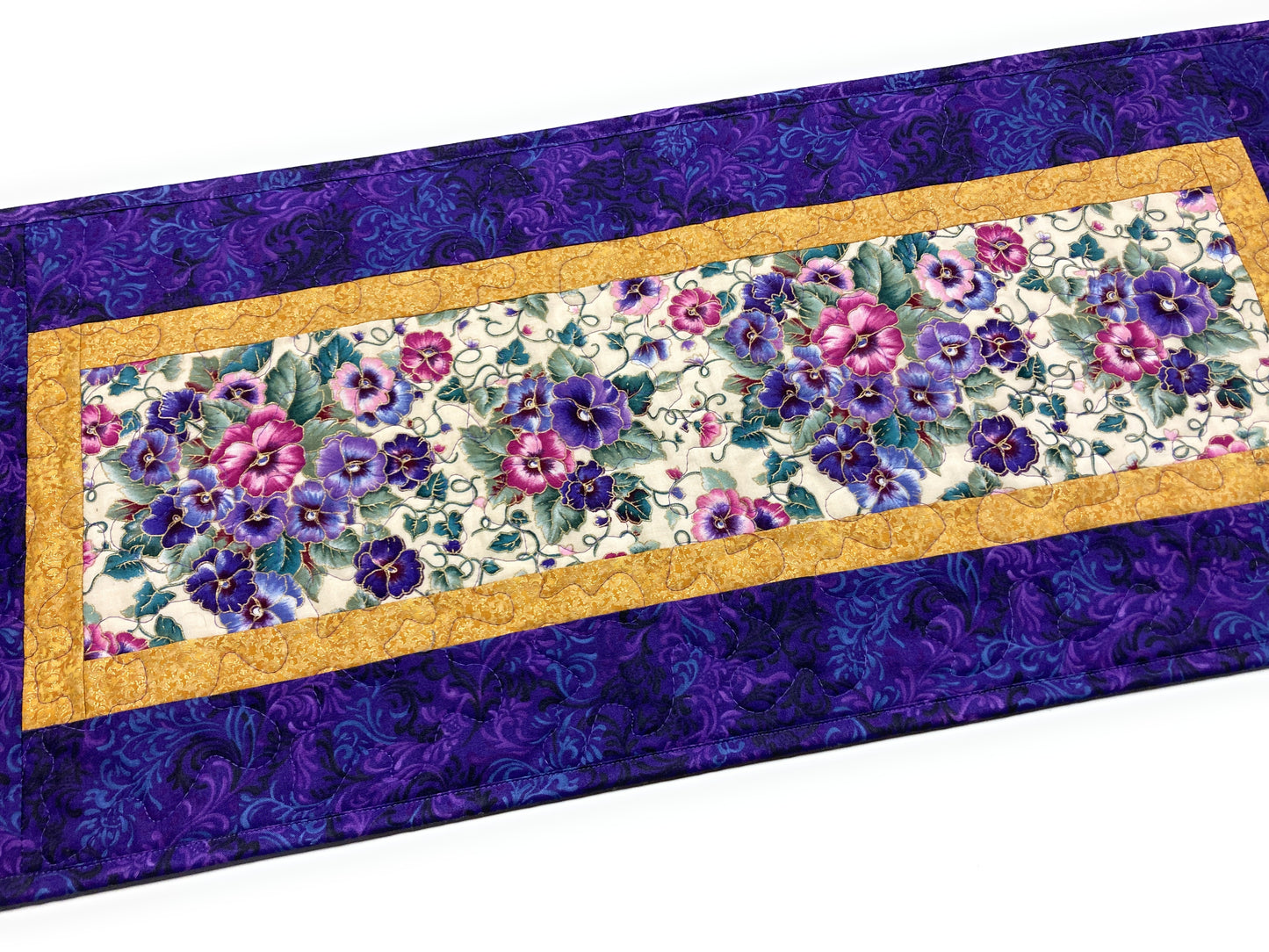Summer Pansy Bouquet Quilted Dining Table Runner, Reversible 13x30" Coffee End Table Nightstand Mat, Pansies Pink Purple Blue Garden Nature