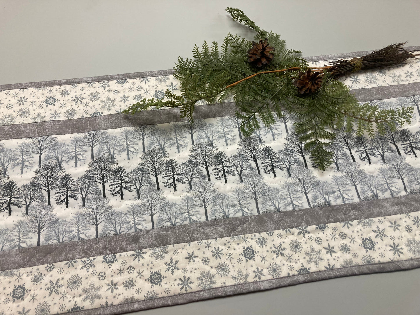 Winter White Trees and Snowflakes Quilted Dining Table Runner, 13x48 Reversible, Gray Coffee End Table Cabin Everyday Woods Mountains