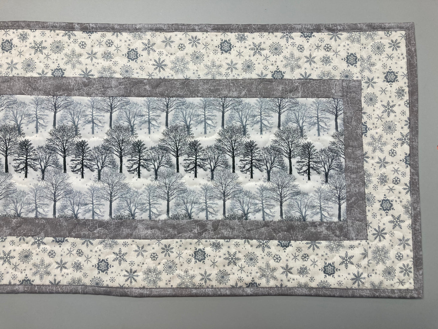 Winter White Trees and Snowflakes Quilted Dining Table Runner, 13x48 Reversible, Gray Coffee End Table Cabin Everyday Woods Mountains