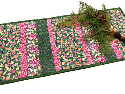 Spring Flowers Pink Green Quilted Dining or Coffee Table Runner, Reversible Short 13x30" Garden Floral Nature Pastel Summer Handmade