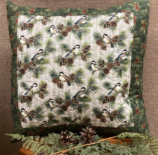 Chickadee and Pine Cones Decorative Pillow, 18x18" Cotton, Woods Cabin Lodge Bedroom Living Room, Sofa Chair Mountain Holiday Everyday Decor