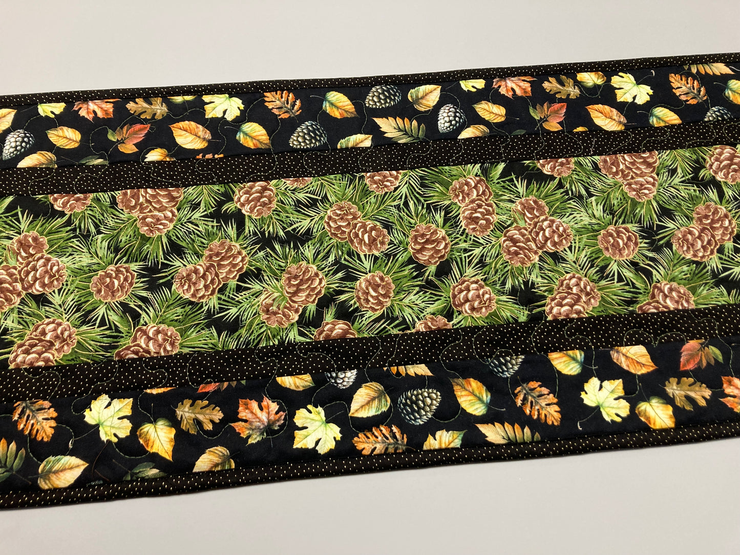 Pine Cones and Leaves Quilted Dining Table Runner, Reversible, Coffee Table Runner, Dresser Scarf Nightstand, End Table 13x48" Handmade