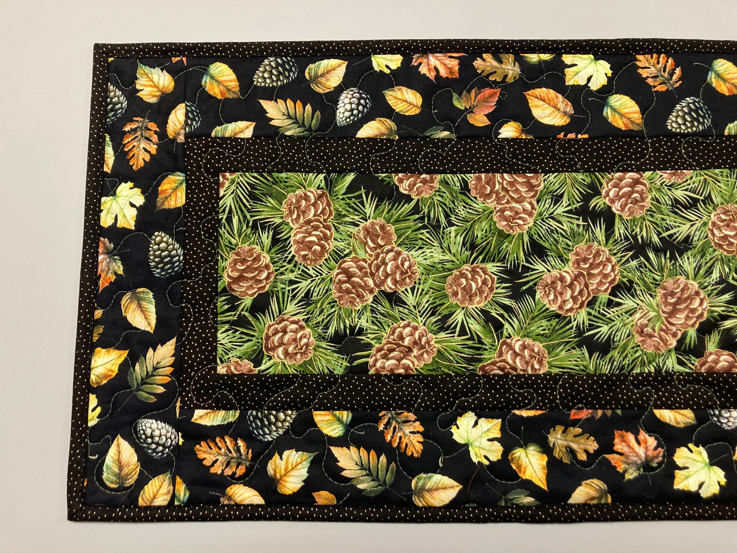 Pine Cones and Leaves Quilted Dining Table Runner, Reversible, Coffee Table Runner, Dresser Scarf Nightstand, End Table 13x48" Handmade
