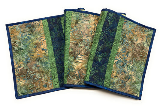 Batik  Quilted Dining Coffee Table Runner, Blue Green Tan 13x50" Reversible Everyday Minimalist Earth Tones Handmade