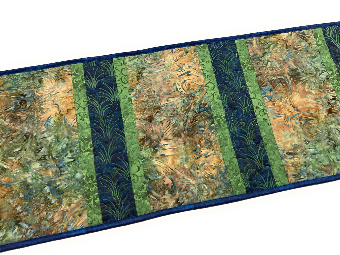 Batik  Quilted Dining Coffee Table Runner, Blue Green Tan 13x50" Reversible Everyday Minimalist Earth Tones Handmade